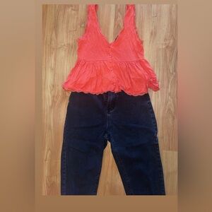 Coral Sleeveless Top with Dark Jeans